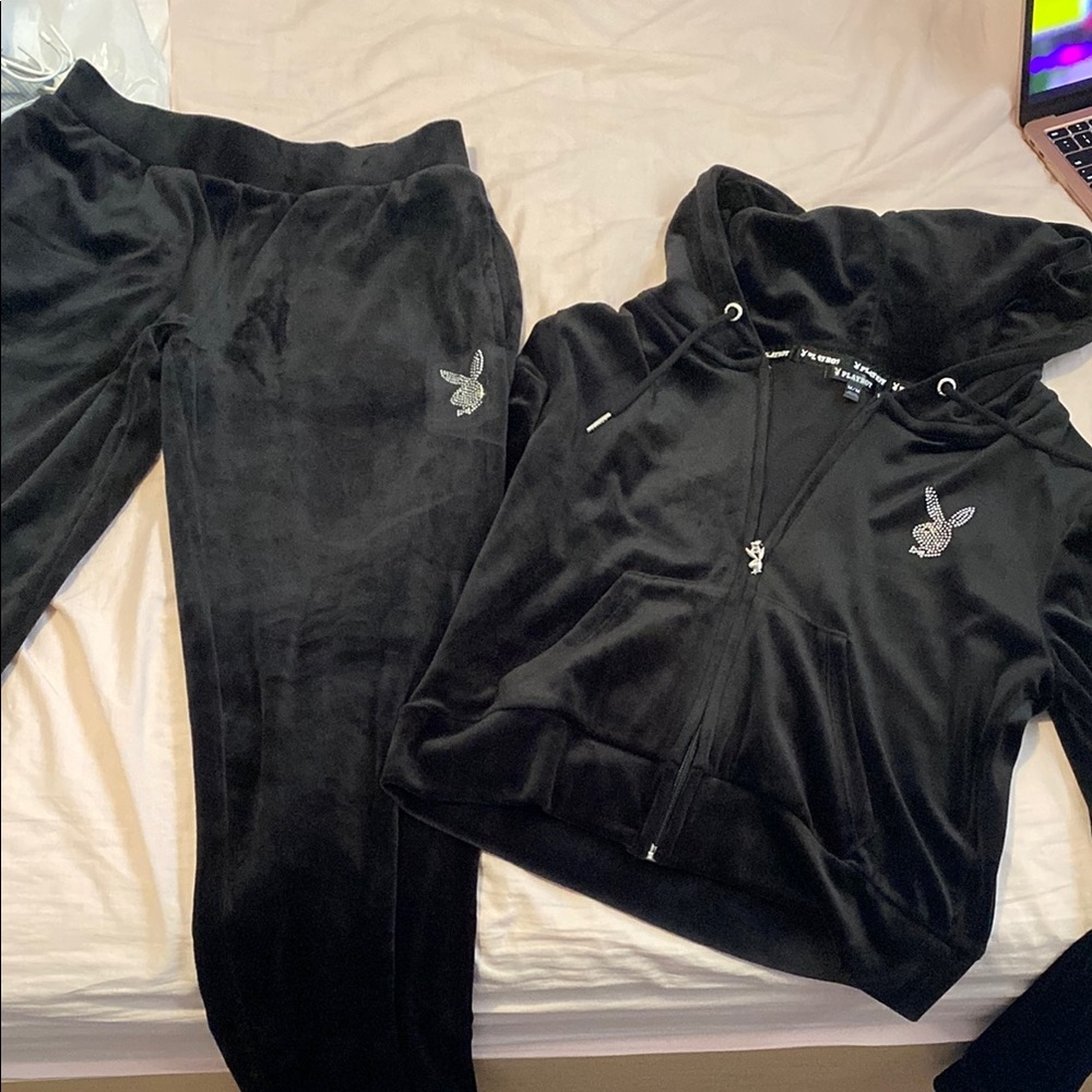 PLAYBOY Black Track Pants Velour Joggers